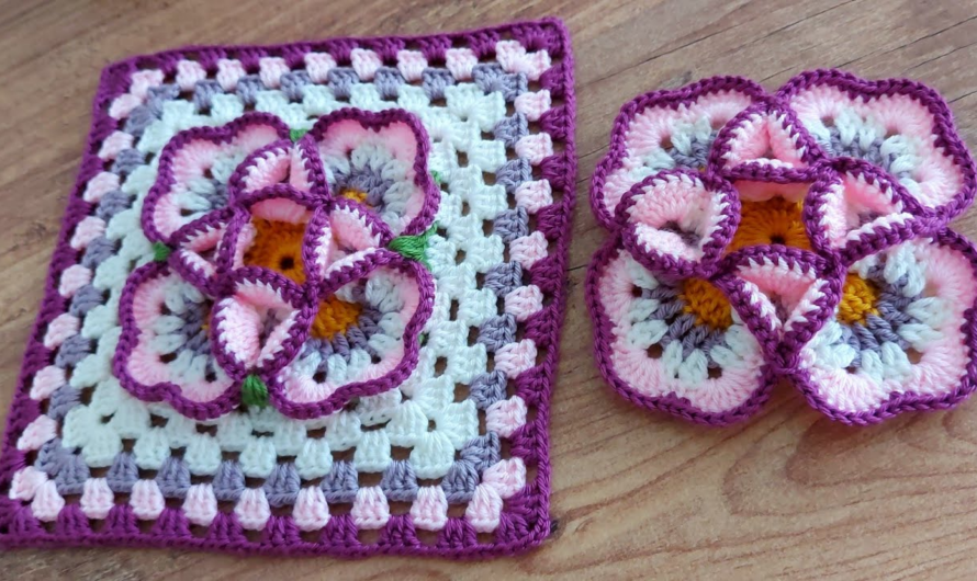 Crochet Rose Flower 3D Square