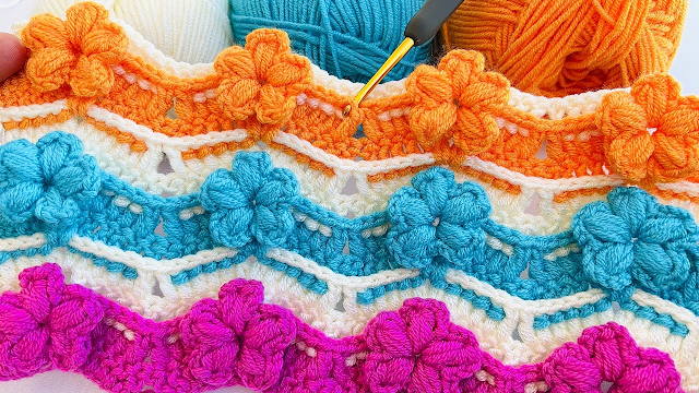 3D and flowered crochet knit blanket model