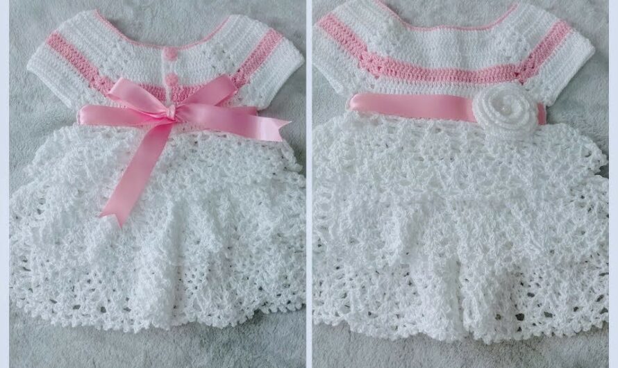 Elegant White & Pink Ribbon: Your Beautiful Crochet Baby Dress